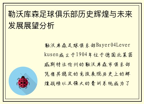 勒沃库森足球俱乐部历史辉煌与未来发展展望分析
