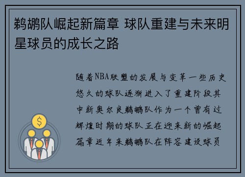 鹈鹕队崛起新篇章 球队重建与未来明星球员的成长之路
