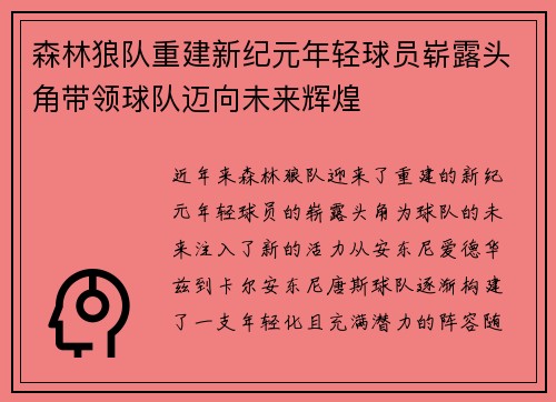 森林狼队重建新纪元年轻球员崭露头角带领球队迈向未来辉煌